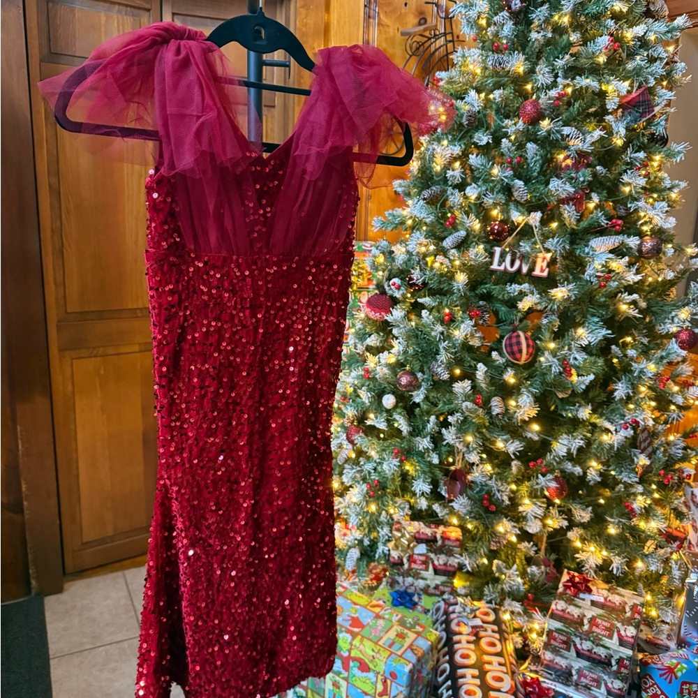 Red Sequin Dress with Tulle Sleeves